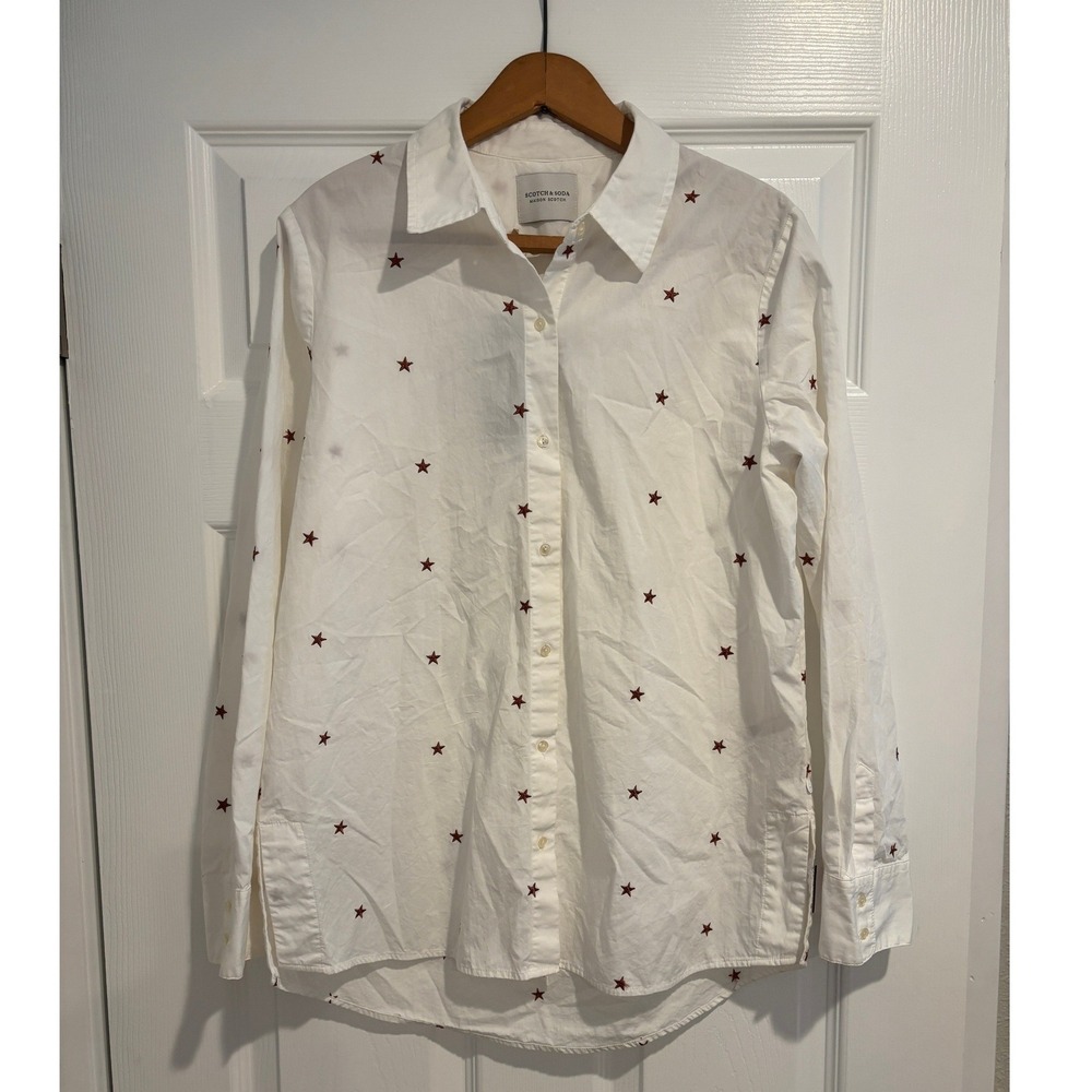 NWT Scotch & Soda Maison Scotch Embroidered Star Shirt Cream Copper M FLAWED - Picture 2 of 7
